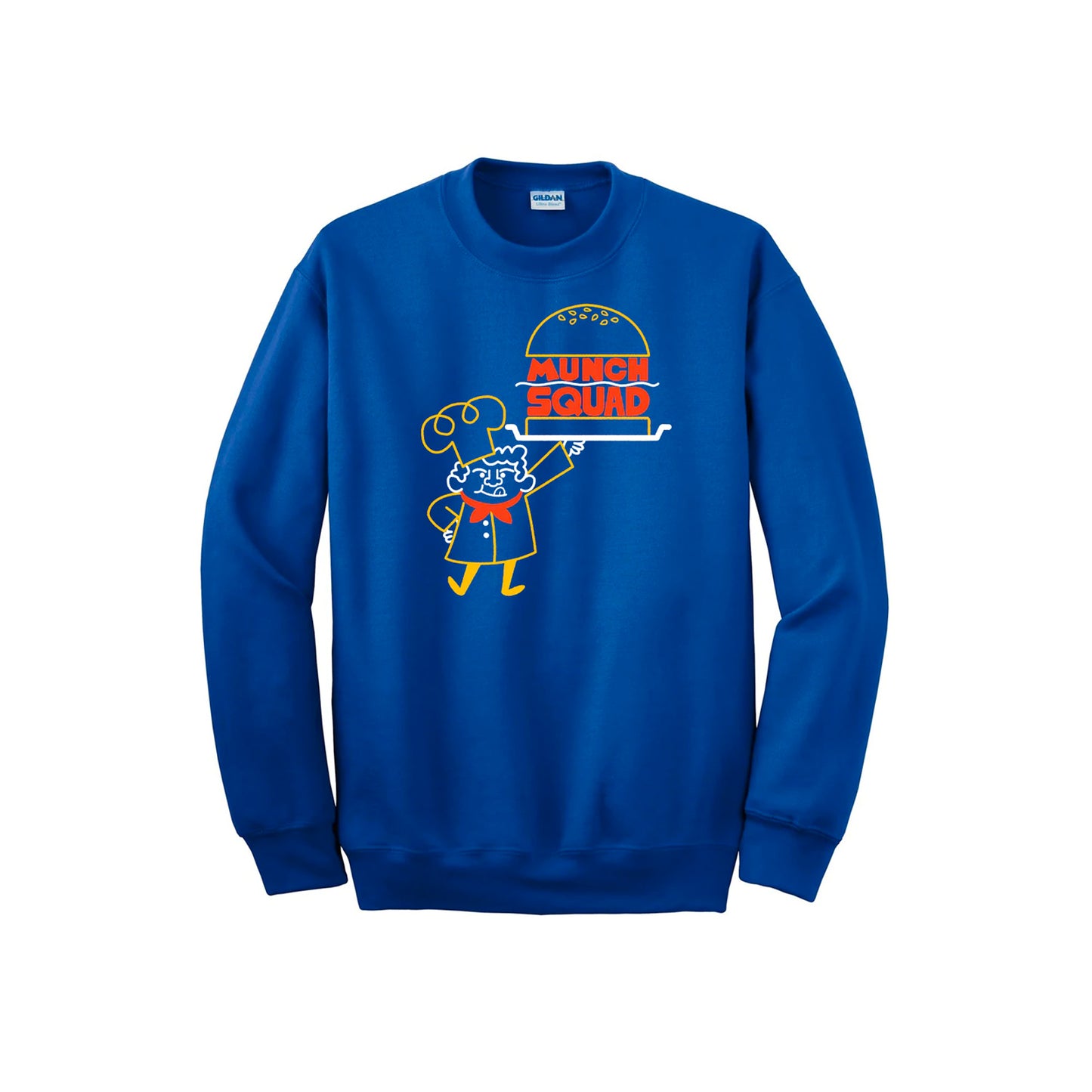A dark blue crew neck sweatshirt. There is a line drawing of a chef wearing a large hat and a red ascot holding up a plate with a line drawing of a burger. Between the two buns of the burger it says "Munch Squad" in red block letters with a white squiggly line between the two words.