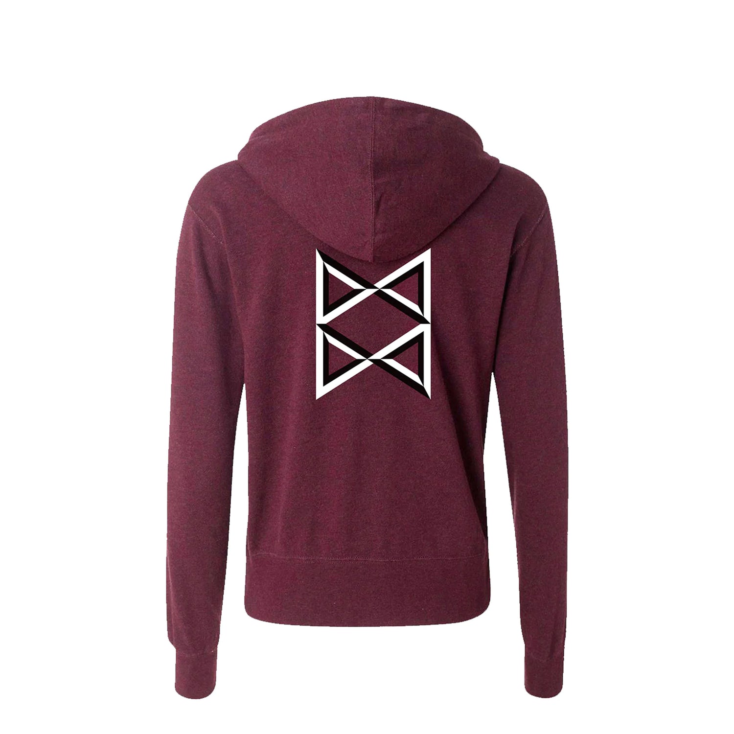 The back of a heathered burgundy sweatshirt with the B.o.B. emblem in white and black.