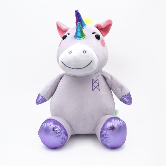 A stuffed Garyl plushie with a purple body, pink cheeks, two shiny rainbow horns, shiny purple hooves, and a bright rainbow faux fur mane and tail. 