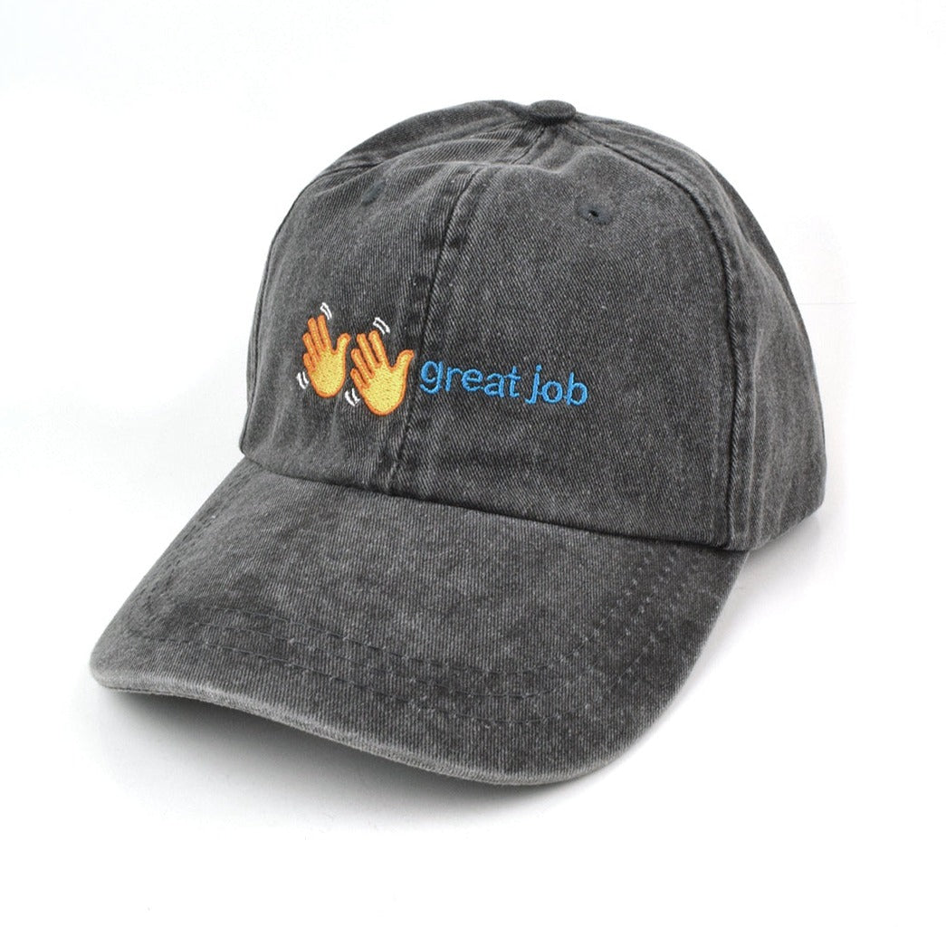 A heathered grey baseball cap. There are two hand waving emojis with the words "great job" in blue next to them.