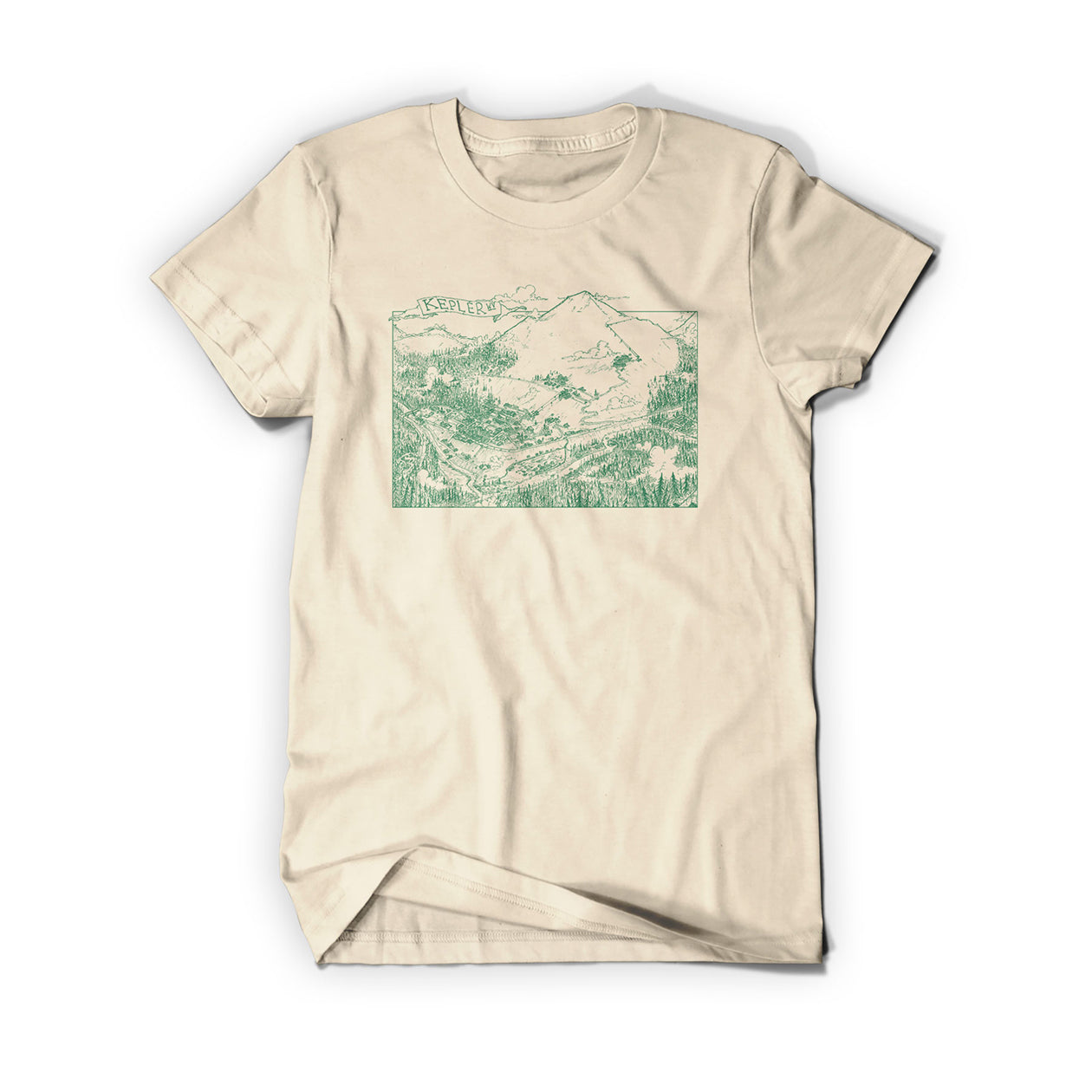 A cream colored tee shirt. There is a green line drawing of a town between a tall mountain and a sprawling forest. At the top of the illustration is a banner that says, "Kepler WV".