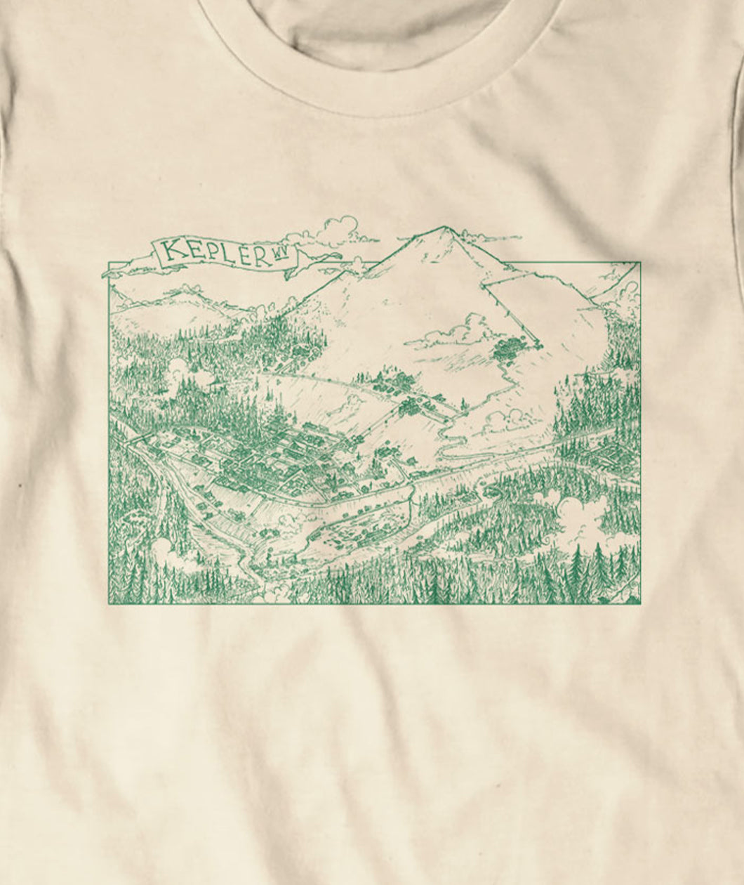 An upclose shot of a cream colored teeshirt. The illustration fills the frame. It is a green line drawing of a town sandwiched between a tall mountain and a sprawling forest. There is a funicular running up the mountain. At the top of the illustration is a banner that says "Kepler WV".
