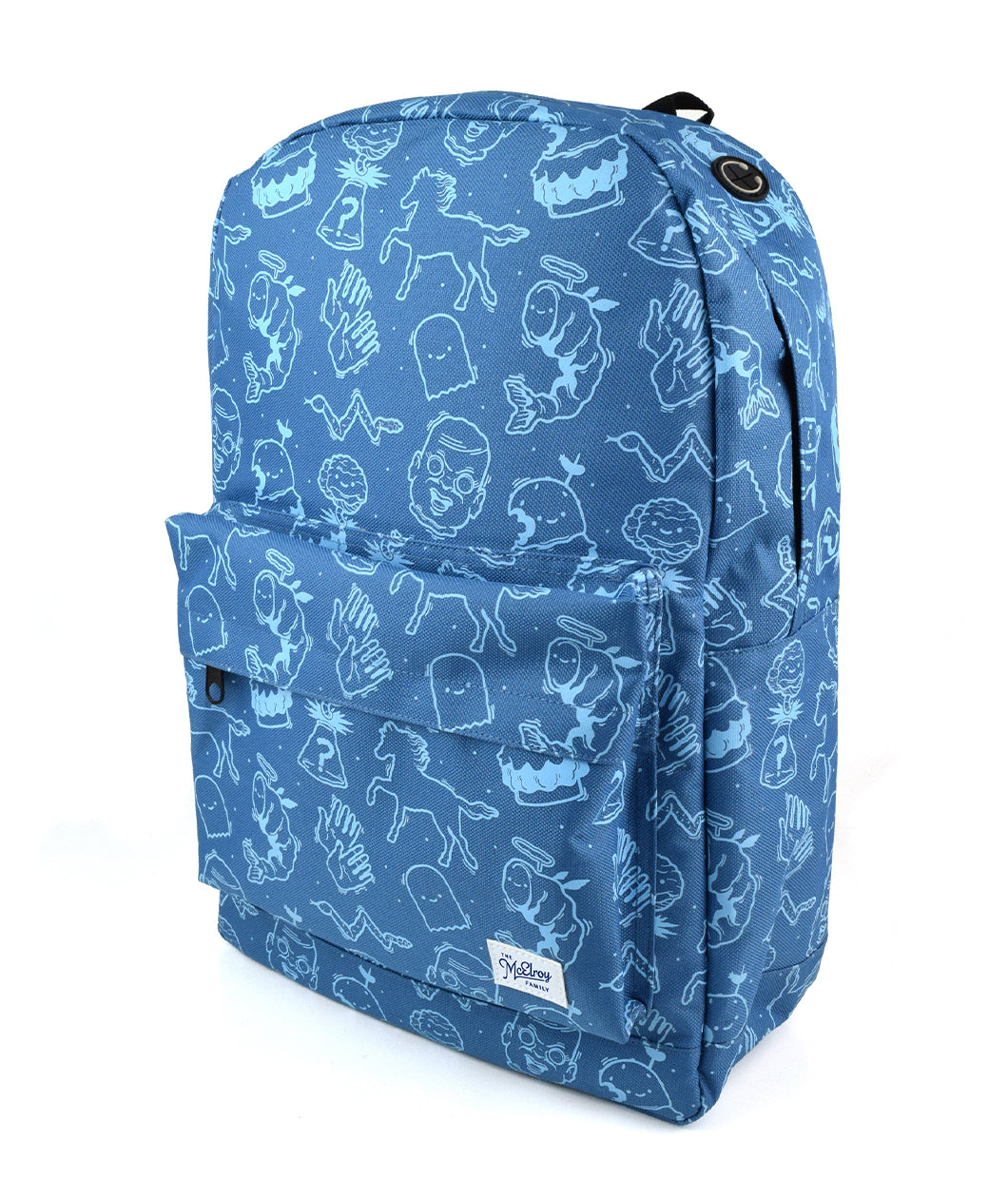 A blue backpack with light blue illustrations and a white patch on it. The patch says, "The McElroy Family" in blue. There are drawings of a doll head, a shrimp with wings and halo, a horse, a ghost, two hands waving, an angular snake, a brain bursting out of a beaker, and a burger with a bite taken out of it.