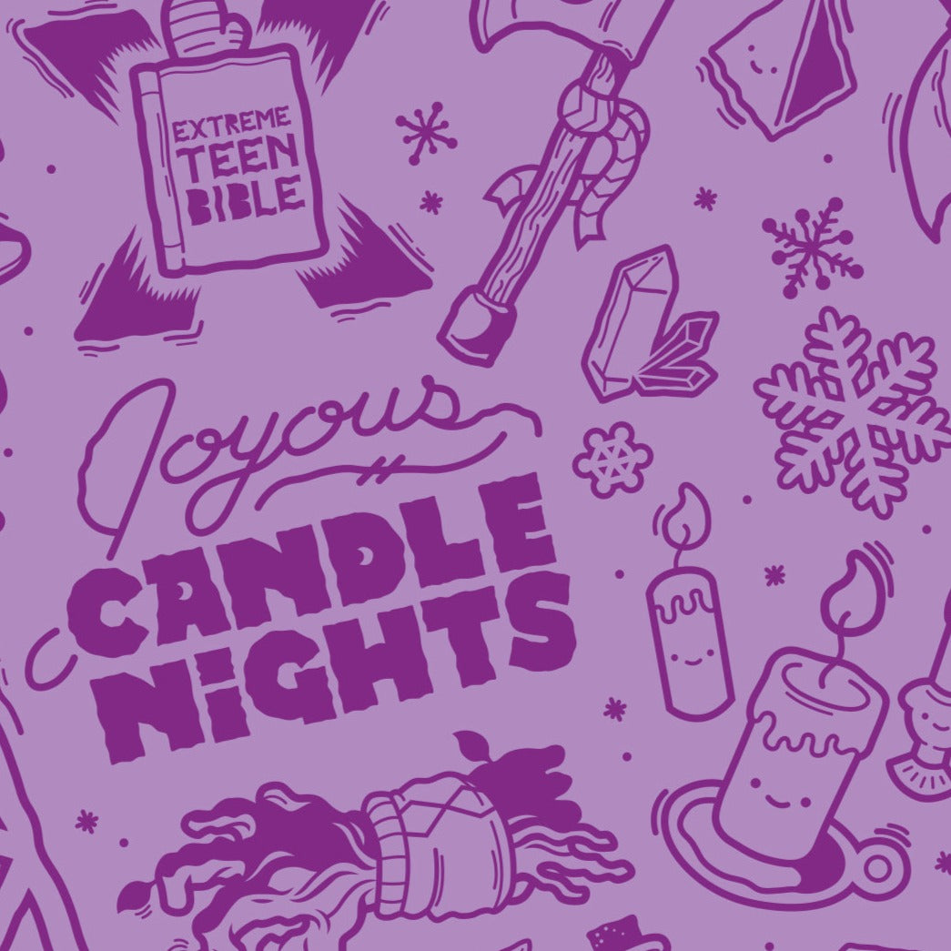 Purple wrapping paper that says, "Joyous Candlenights". It has illustrations of Magnus’s axe wearing a scarf, Taako’s hat under an open umbrella, the Extreme Teen Bible with a mitten on it, a d20, Stephen in his glass ball, crystals, lit candles, Merle's wooden arm, and snowflakes.