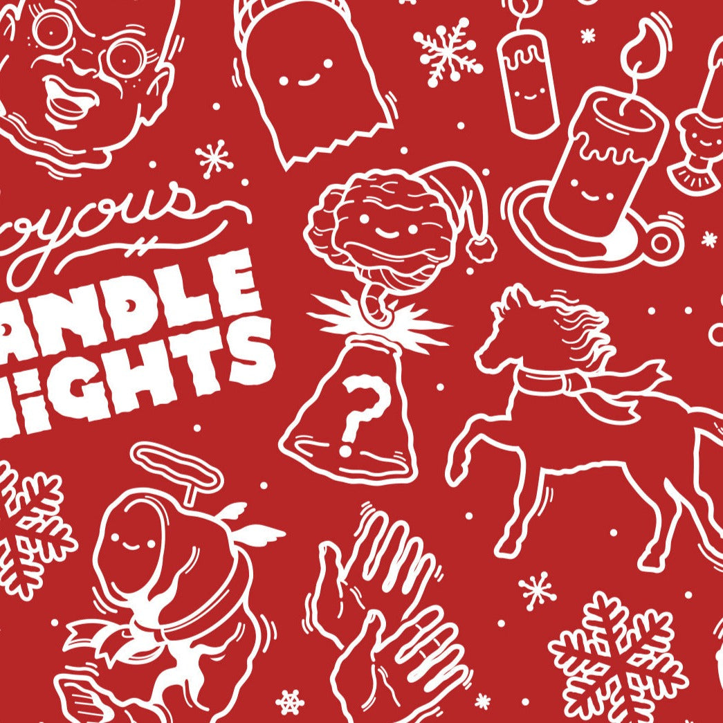 Red wrapping paper that says, "Joyous Candlenights". It has llustrations of the haunted doll, burning candles, a ghost wearing a knitted hat, a shrimp in a scarf, a snake in a sweater, snowflakes, lit candles, a horse in a scarf, and a brain exploding out of a beaker.