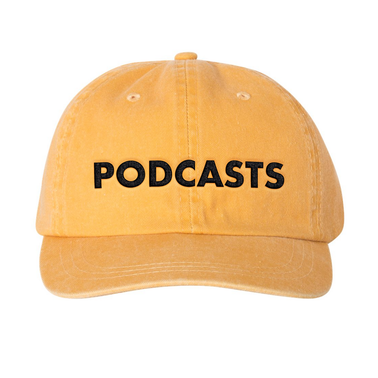 Baseball cap: A yellow baseball cap that says, “Podcasts” in a black sans serif.