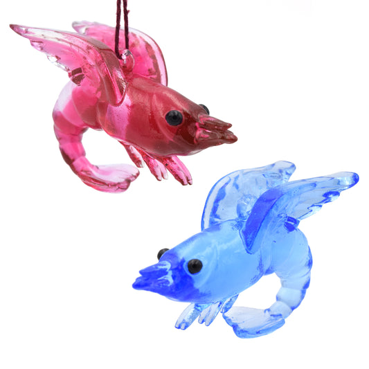 Translucent glass shrimp ornaments with wings and beady black eyes. one shrimp is blue, and one is red.