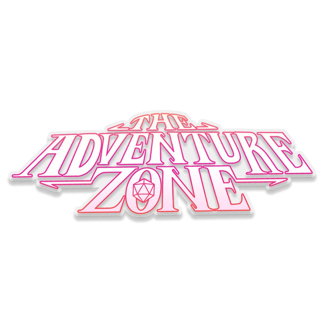 A car decal of the Adventure Zone logo is shown on the back window of a blue car. The logo is on a transparent backing, and the lettering is outlined in an ombre of pink and orange.