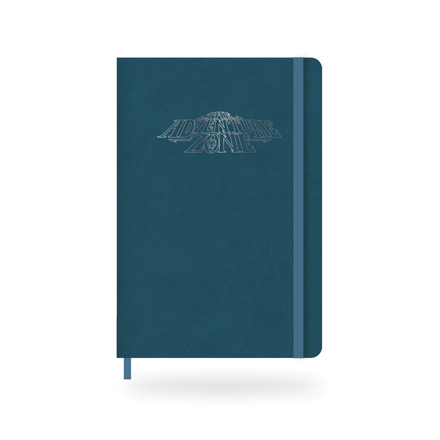 A teal notebook embossed with the TAZ logo. It has an elastic band holding it shut.