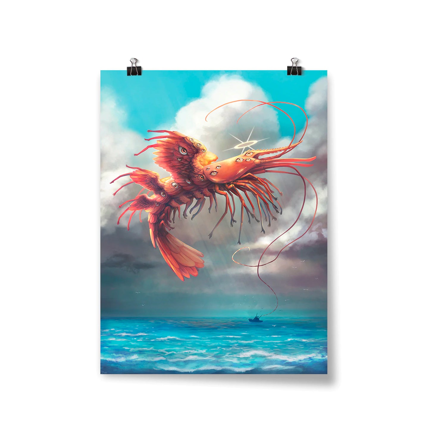 Poster of an enormous shrimp hovering in the sky over a boat. The shrimp has wings, a halo, and sixteen eyes along its body. The background is a sky full of stormy clouds and a rough ocean.