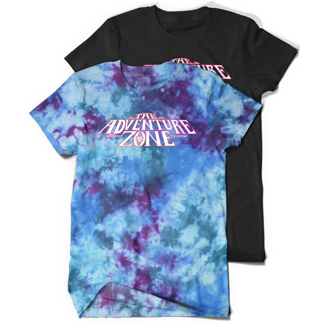 Two t-shirts that say “The Adventure Zone” in white and pink. The front shirt is a blue and indigo tie-dye and the back shirt is a plain black.