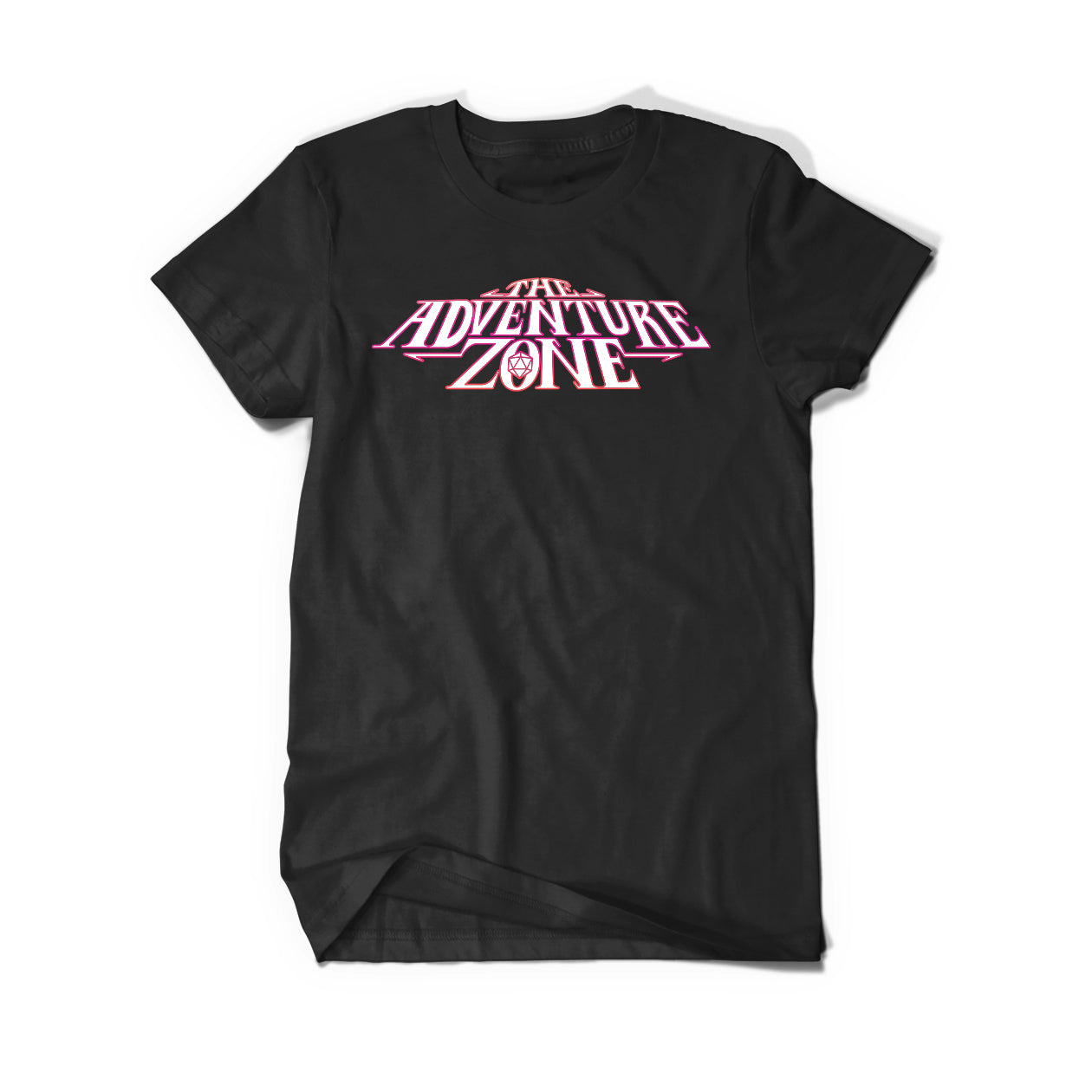 A black shirt that says, "The Adventure Zone" in white and pink.