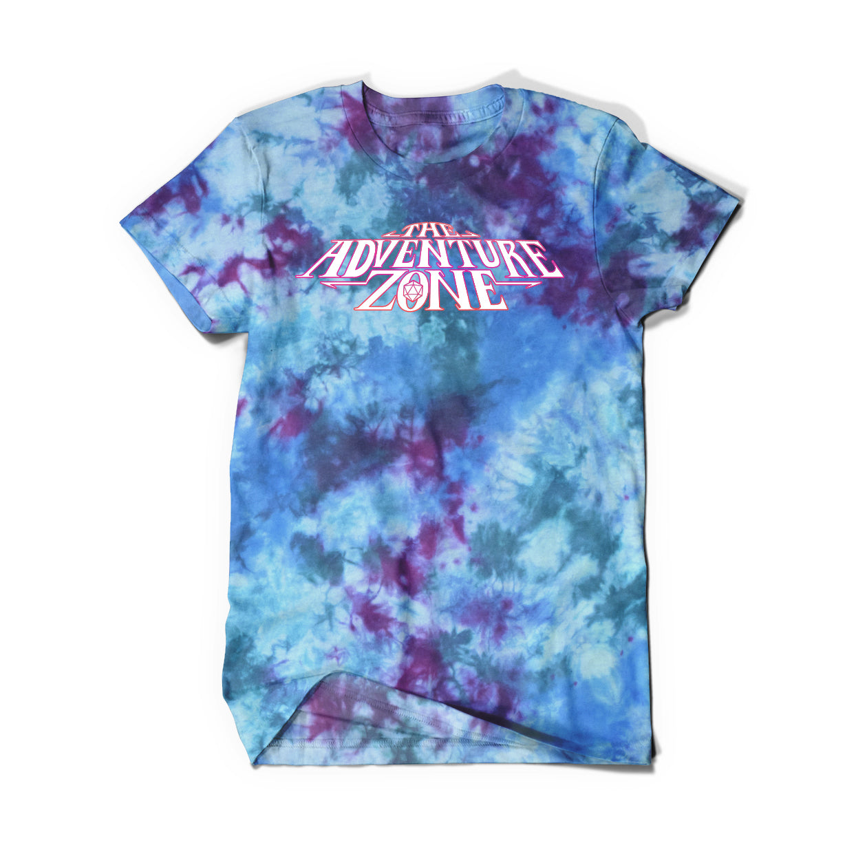 A blue and indigo tie-dye shirt that says, "The Adventure Zone" in white and pink.