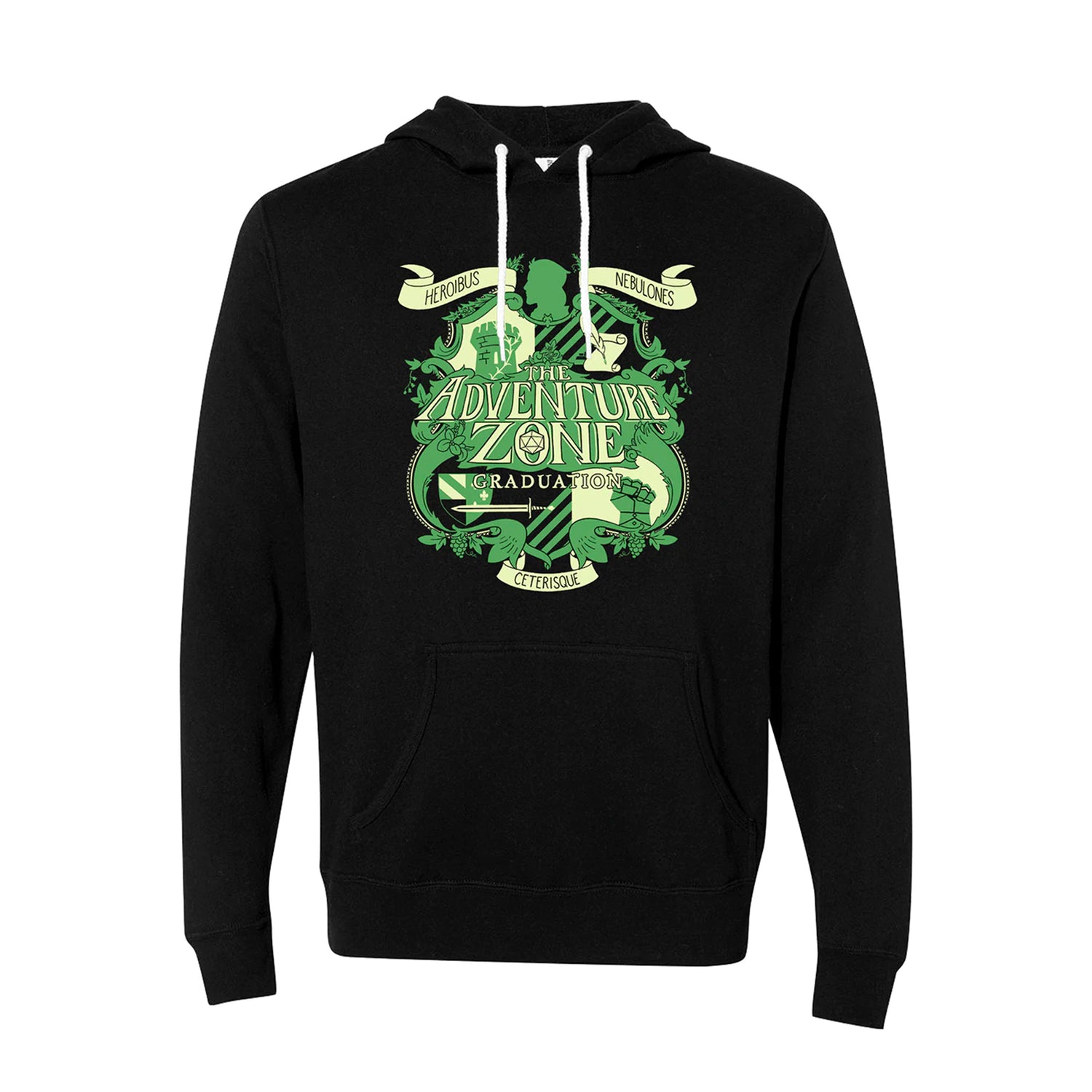 A black hoodie with white strings. On the front is the shield emblem for TAZ: Graduation in green and light green.