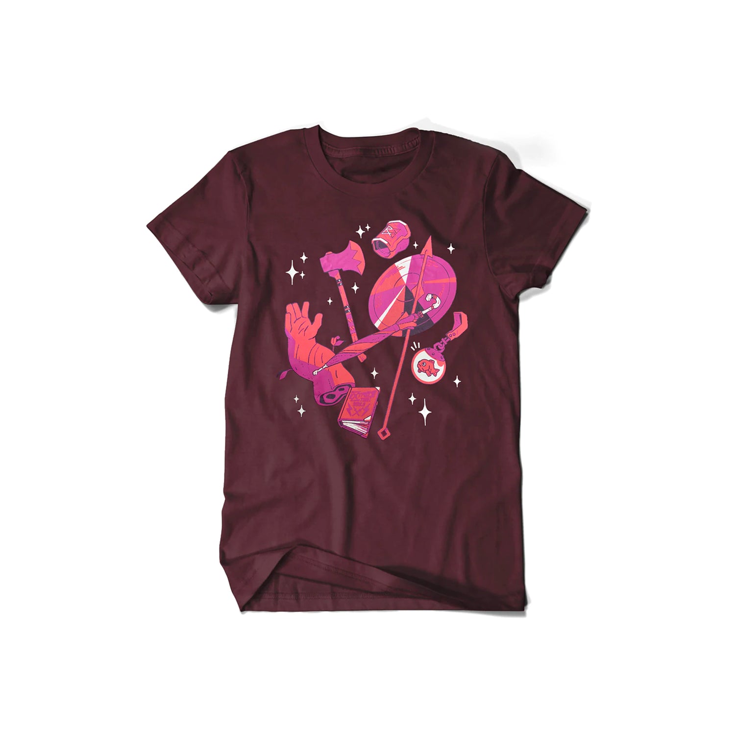 A maroon tee-shirt with pink and orange illustrations on it. There's a wooden arm, an ax, and umbrella, a bracer, a shield, a spear, a book, and a goldfish in a small glass attached to a strap.