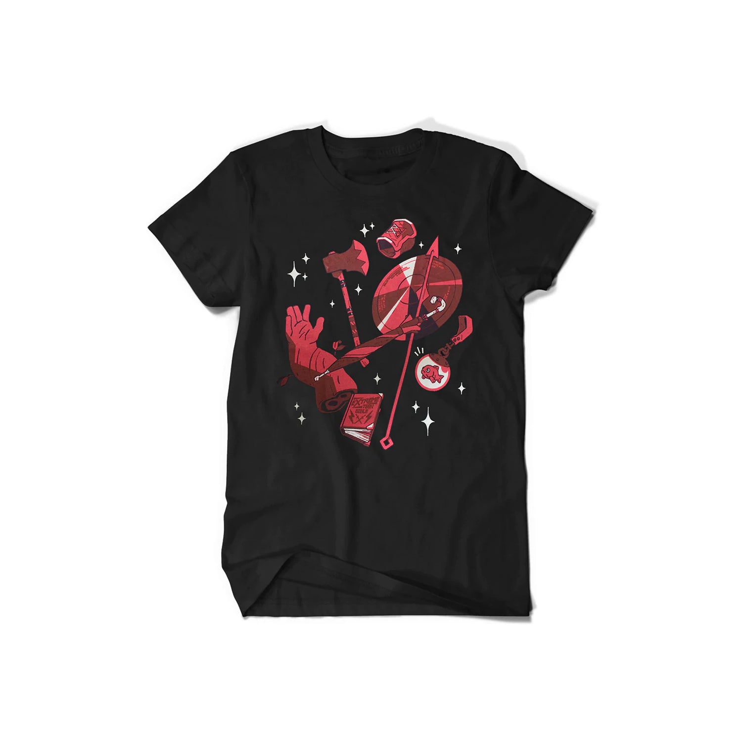 A black tee-shirt with red and maroon illustrations on it. There's a wooden arm, an ax, and umbrella, a bracer, a shield, a spear, a book, and a goldfish in a small glass attached to a strap.