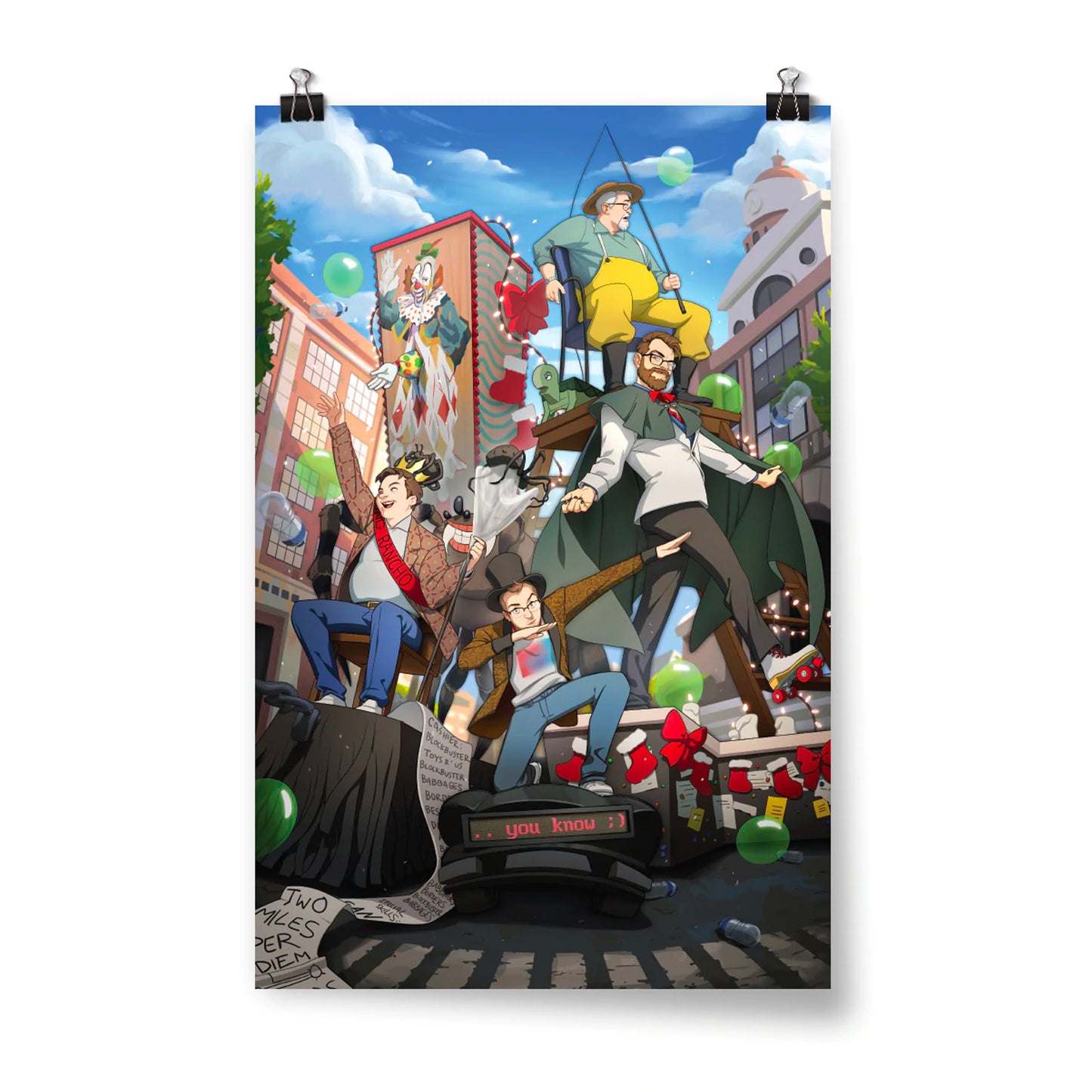A poster of the McElroys riding a float. Clint is at the top and holding a fishing pole. Next to him is the clown box. Below him, Travis wearing a cape, a suit jacket, and rollerskates. He's standing on their corner desk. Left is Justin in a suit jacket wearing a red sash that says, "King Rancho". He's wearing a spider crown and holding a spider scepter. Next to him Griffin is dabbing in a suit jacket wearing a top hat. He's kneeling on a miniature car with a sign that says, " . . you know ;)".