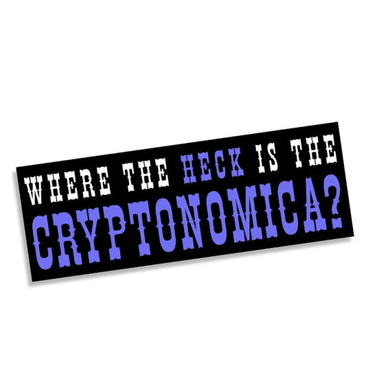 a black sticker that says "Where the heck is the Cryptonomica?" The "heck" and "Cryptonomica?" are purple. The rest of the words are white.