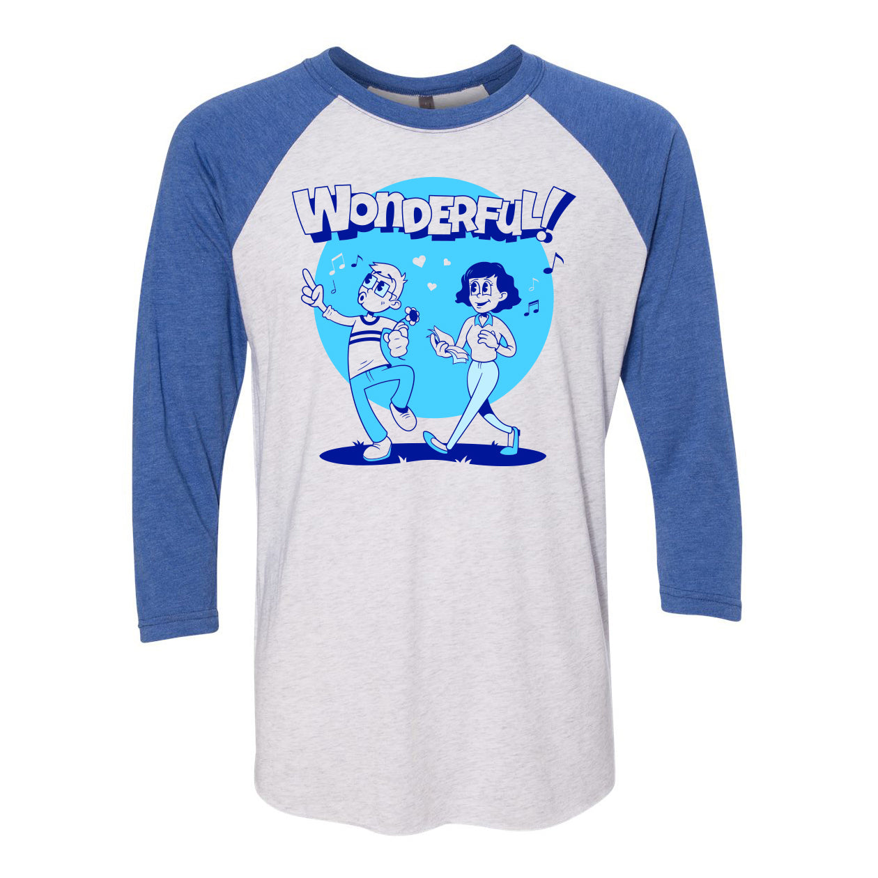 A grey baseball tee with blue sleeves. On the front is an illustration of Grifin and Rachel in a cartoon style. Griffin is whistling and holding a flower. Rachel is walking behind him with an open book in her hand. Around them are white and dark blue music notes and dark blue hears. Behind them is a bright blue square. Above them the shirt says, "Wonderful!"